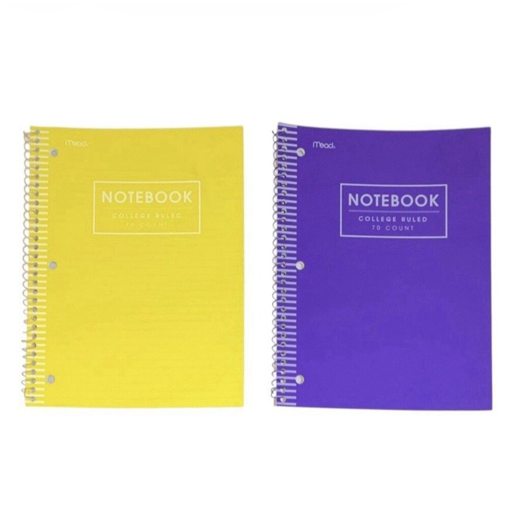 2x Mead College Ruled Spiral Notebook 70 Sheets Each Yellow and Purple